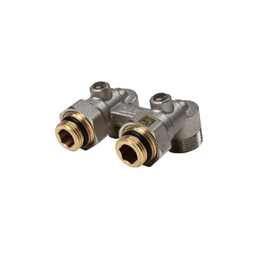 Блок шаровых кранов с соединительным ниппелем Рехау, угловой, G 1/2" x G 3/4" (12407373001)